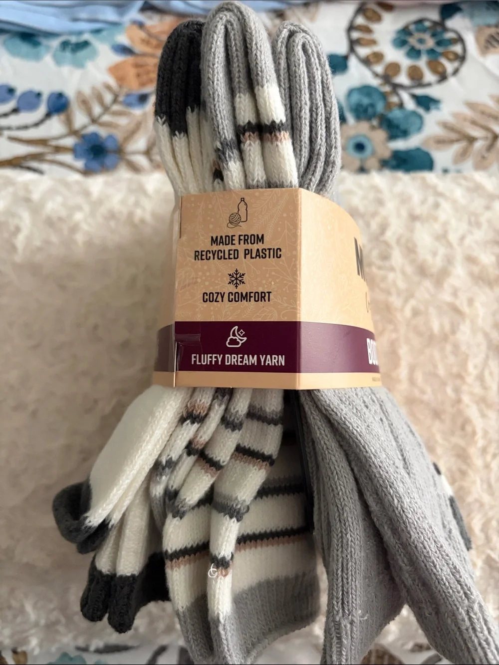 Muk Luks Women’s Gray & Taupe Striped Crew Boot Socks - 6 Pack 6-11